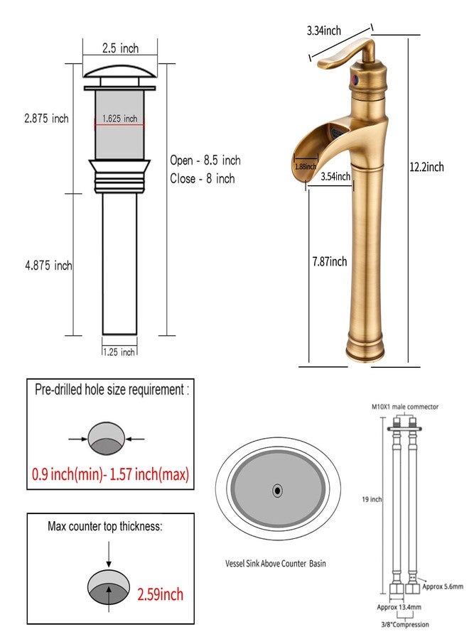 GGStudy Antique Brass Waterfall Bathroom Faucet GGStudy Single Handle One Hole Farmhouse Bathroom Vessel Sink Faucet Matching with Pop Up Drain - Image 2